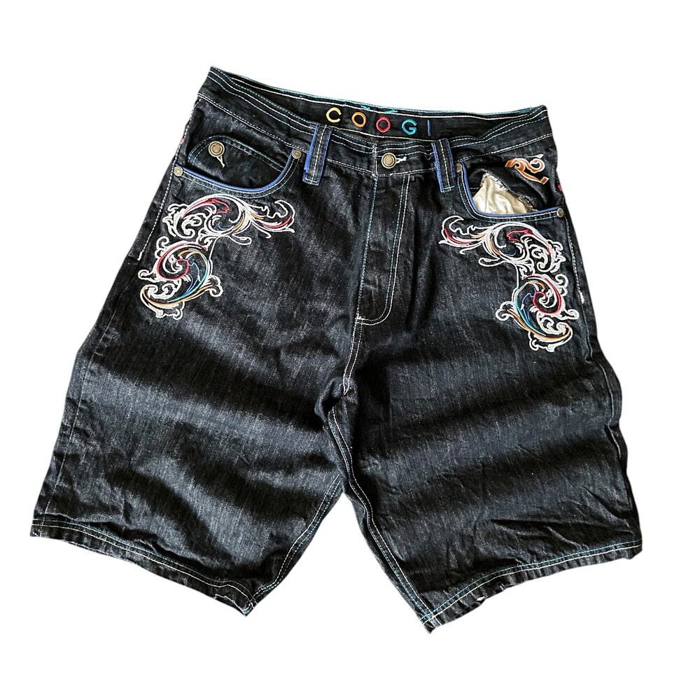 COOGI Embroidered Denim Shorts Y2K Streetwear Baggy Dark Wash Skater Size 38